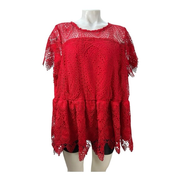 LANE BRYANT  Red Crocheted Lace Scalloped Peplum Blouse—SZ. 22 - Picture 5 of 9